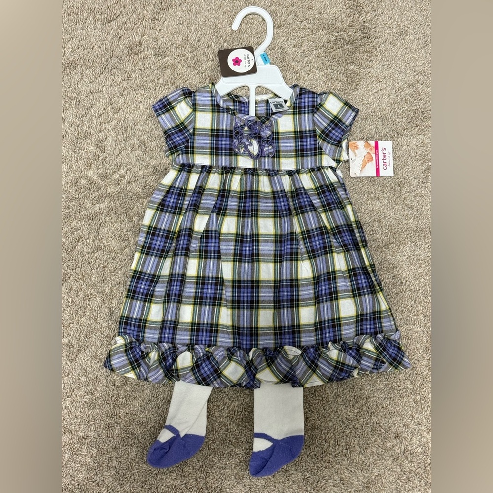 Carter's Baby Girl Purple & Green Plaid Dress with Matching Tights, 6M
